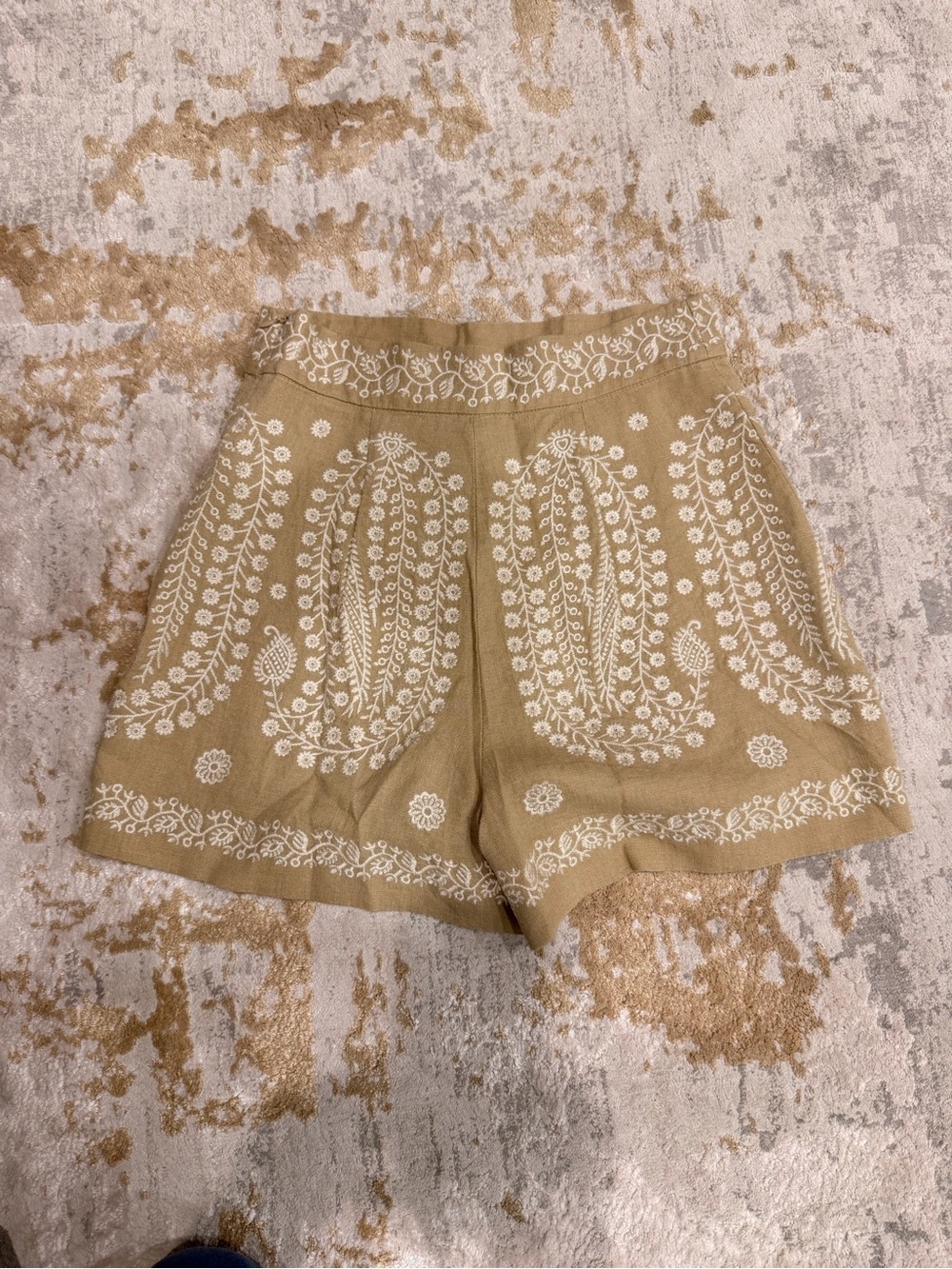 Zara Beige Linen Blend Embroidered High-Waisted Shorts